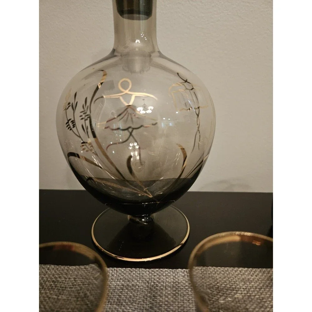 Vintage Art Glass Decanter And 6 Glasses